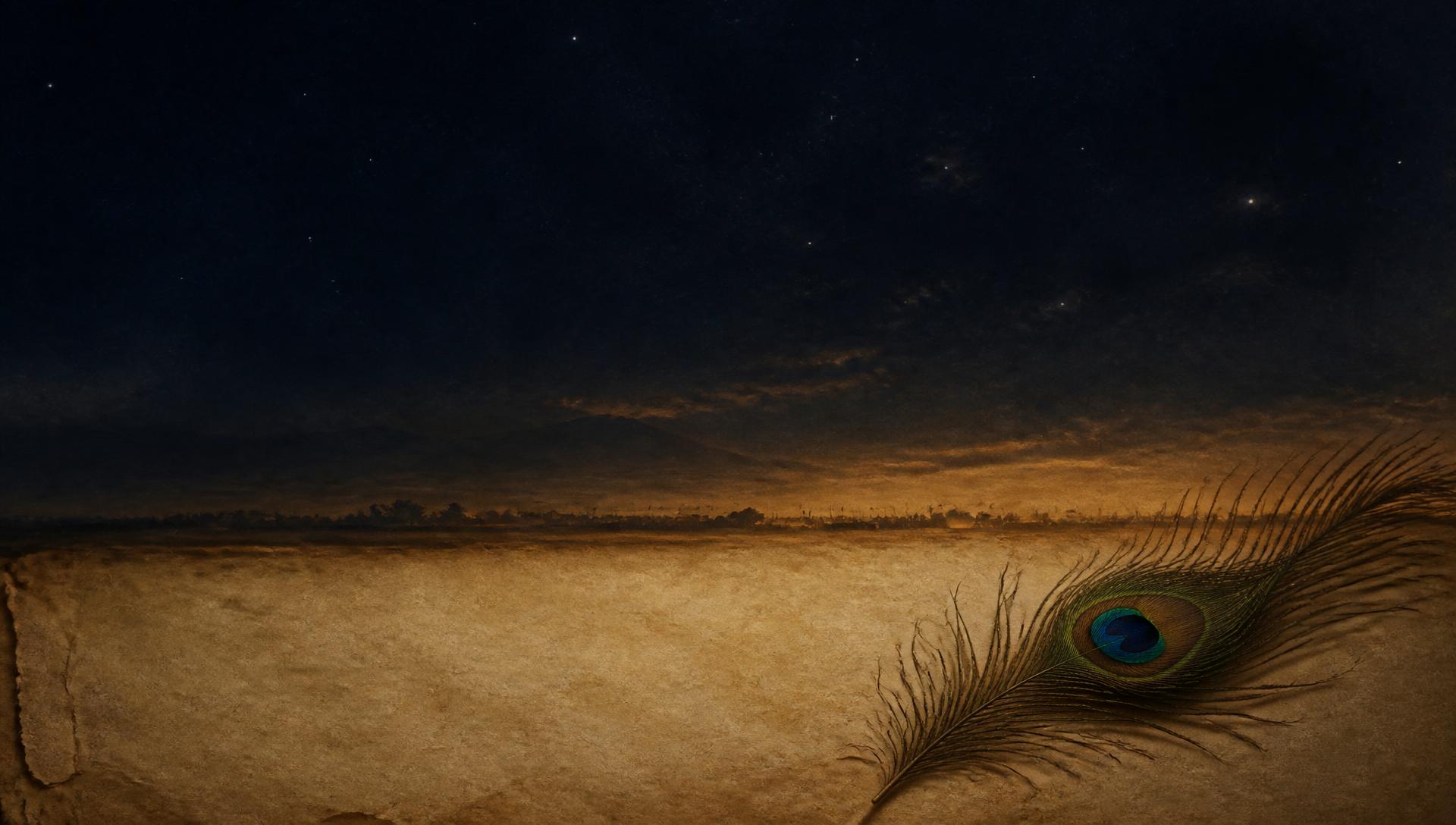 A peacock feather on manuscript paper beneath a quiet golden horizon